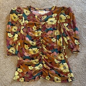 Nation Ltd Pima Cotton Ruched Crew Neck 3/4 Puff Sleeve Floral Top FA23 SMALL